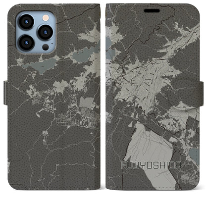 【富士吉田（山梨県）】地図柄iPhoneケース（手帳タイプ）モノトーン・iPhone 13 Pro Max 用