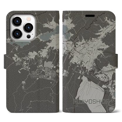 【富士吉田（山梨県）】地図柄iPhoneケース（手帳タイプ）モノトーン・iPhone 13 Pro 用