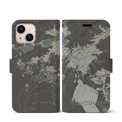 【富士吉田（山梨県）】地図柄iPhoneケース（手帳タイプ）モノトーン・iPhone 13 mini 用