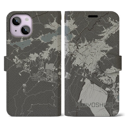 【富士吉田（山梨県）】地図柄iPhoneケース（手帳タイプ）モノトーン・iPhone 14 用