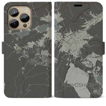 【富士吉田（山梨県）】地図柄iPhoneケース（手帳タイプ）モノトーン・iPhone 14 Pro Max 用