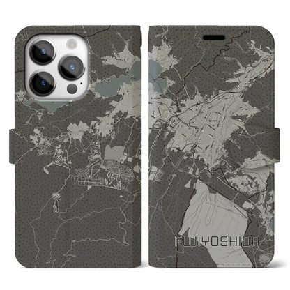 【富士吉田（山梨県）】地図柄iPhoneケース（手帳タイプ）モノトーン・iPhone 14 Pro 用