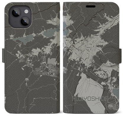 【富士吉田（山梨県）】地図柄iPhoneケース（手帳タイプ）モノトーン・iPhone 14 Plus 用