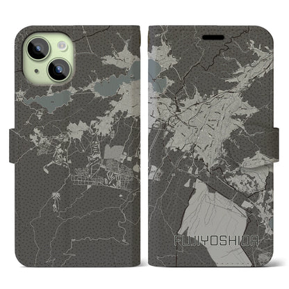 【富士吉田（山梨県）】地図柄iPhoneケース（手帳タイプ）モノトーン・iPhone 15 用