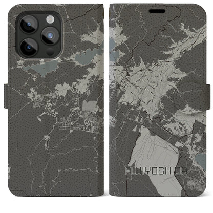 【富士吉田（山梨県）】地図柄iPhoneケース（手帳タイプ）モノトーン・iPhone 15 Pro Max 用