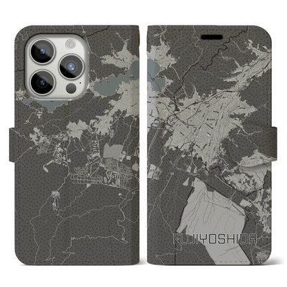 【富士吉田（山梨県）】地図柄iPhoneケース（手帳タイプ）モノトーン・iPhone 15 Pro 用