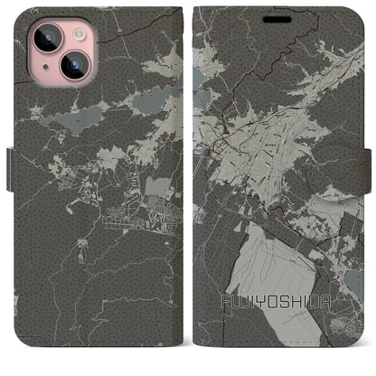 【富士吉田（山梨県）】地図柄iPhoneケース（手帳タイプ）モノトーン・iPhone 15 Plus 用