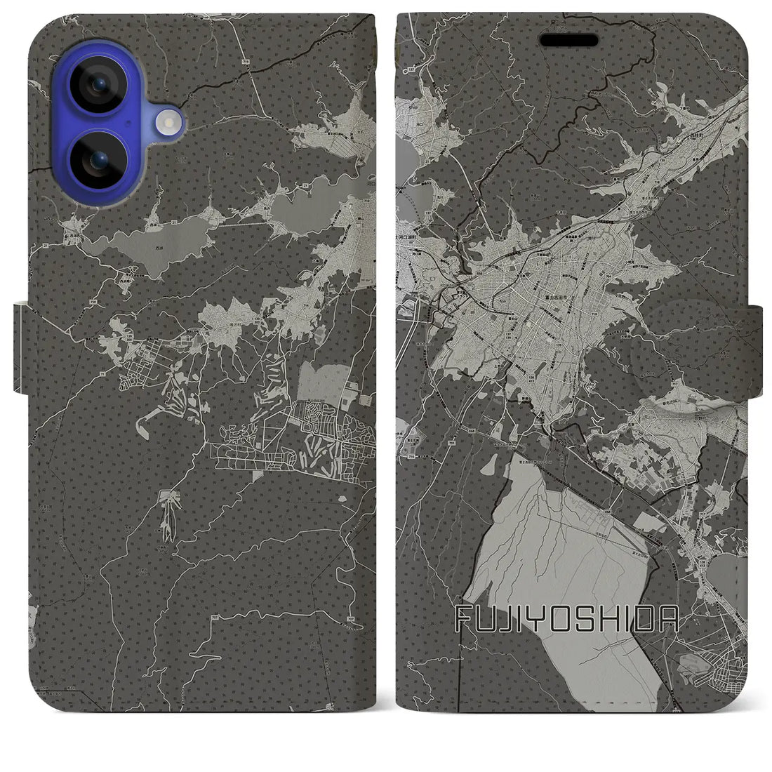 【富士吉田(山梨県)】地図柄iPhoneケース(手帳タイプ)モノトーン・iPhone 16 Pro Max 用