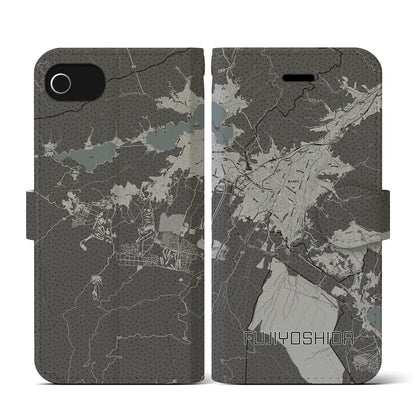 【富士吉田（山梨県）】地図柄iPhoneケース（手帳タイプ）モノトーン・iPhone SE（第3 / 第2世代） / 8 / 7 / 6s / 6 用