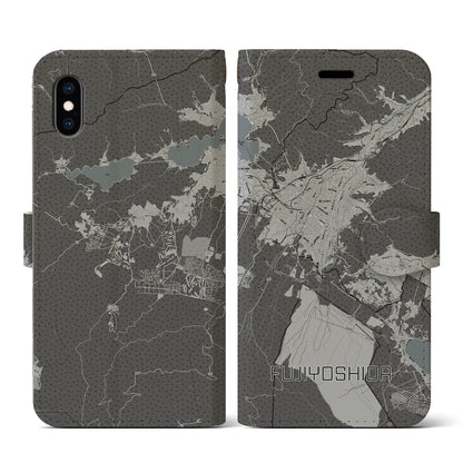 【富士吉田（山梨県）】地図柄iPhoneケース（手帳タイプ）モノトーン・iPhone XS / X 用