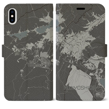 【富士吉田（山梨県）】地図柄iPhoneケース（手帳タイプ）モノトーン・iPhone XS Max 用
