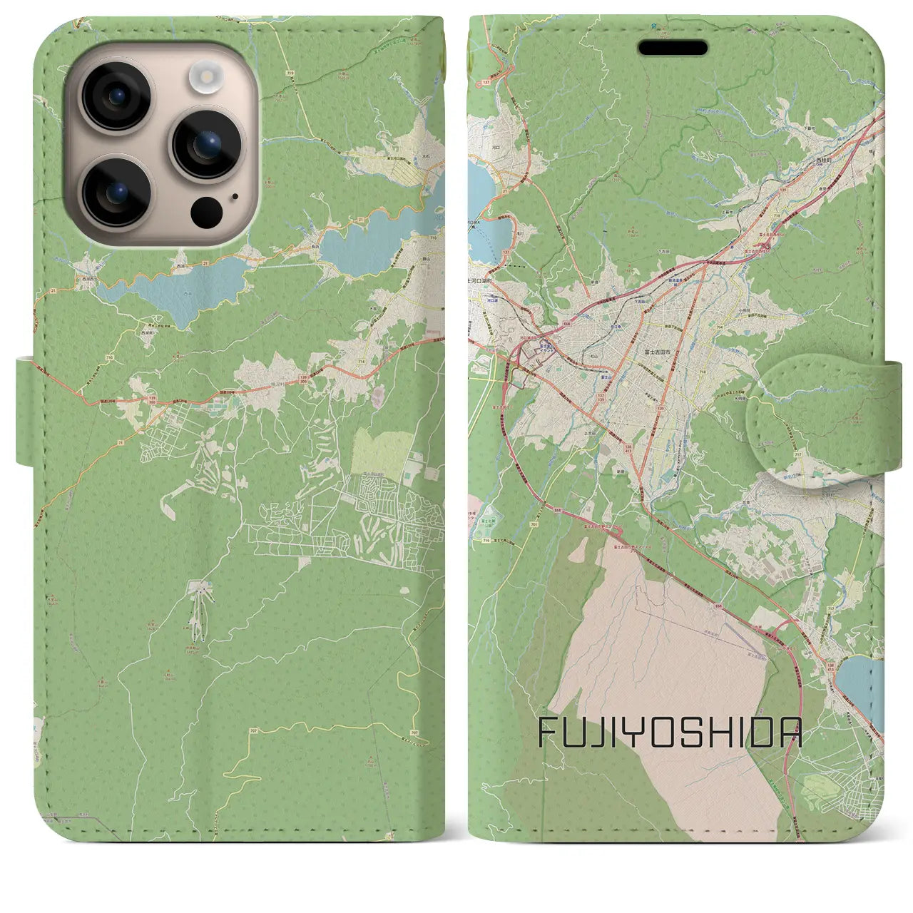 【富士吉田（山梨県）】地図柄iPhoneケース（手帳タイプ）ナチュラル・iPhone 16 Plus 用