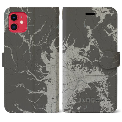 【深川（北海道）】地図柄iPhoneケース（手帳タイプ）モノトーン・iPhone 11 用