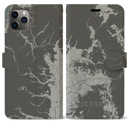 【深川（北海道）】地図柄iPhoneケース（手帳タイプ）モノトーン・iPhone 11 Pro Max 用