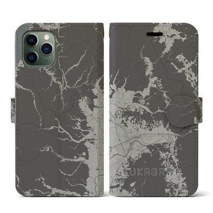 【深川（北海道）】地図柄iPhoneケース（手帳タイプ）モノトーン・iPhone 11 Pro 用