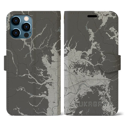 【深川（北海道）】地図柄iPhoneケース（手帳タイプ）モノトーン・iPhone 12 / 12 Pro 用