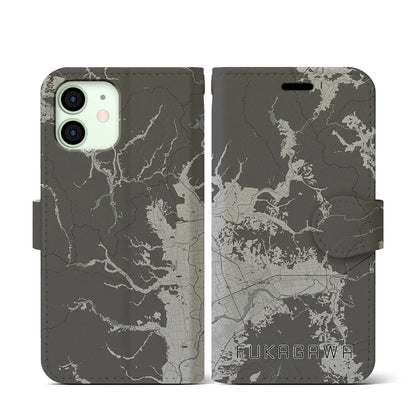 【深川（北海道）】地図柄iPhoneケース（手帳タイプ）モノトーン・iPhone 12 mini 用