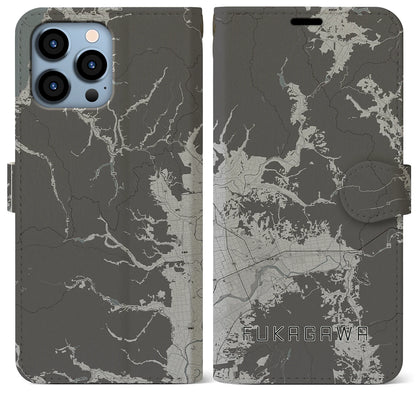 【深川（北海道）】地図柄iPhoneケース（手帳タイプ）モノトーン・iPhone 13 Pro Max 用