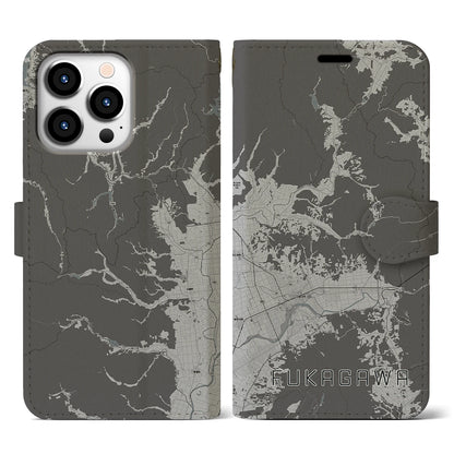 【深川（北海道）】地図柄iPhoneケース（手帳タイプ）モノトーン・iPhone 13 Pro 用