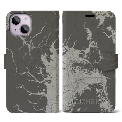 【深川（北海道）】地図柄iPhoneケース（手帳タイプ）モノトーン・iPhone 14 用