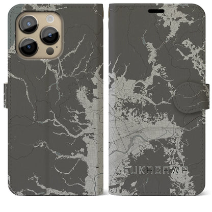 【深川（北海道）】地図柄iPhoneケース（手帳タイプ）モノトーン・iPhone 14 Pro Max 用