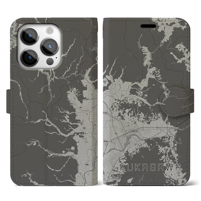 【深川（北海道）】地図柄iPhoneケース（手帳タイプ）モノトーン・iPhone 14 Pro 用