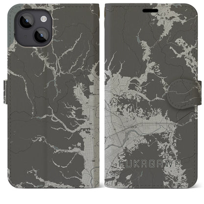 【深川（北海道）】地図柄iPhoneケース（手帳タイプ）モノトーン・iPhone 14 Plus 用