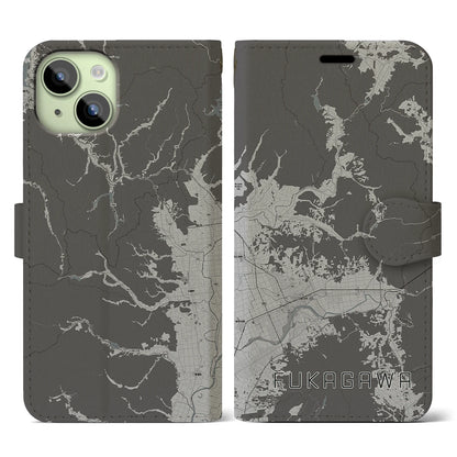 【深川（北海道）】地図柄iPhoneケース（手帳タイプ）モノトーン・iPhone 15 用