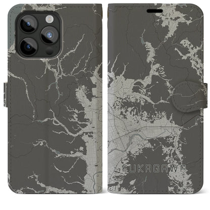 【深川（北海道）】地図柄iPhoneケース（手帳タイプ）モノトーン・iPhone 15 Pro Max 用