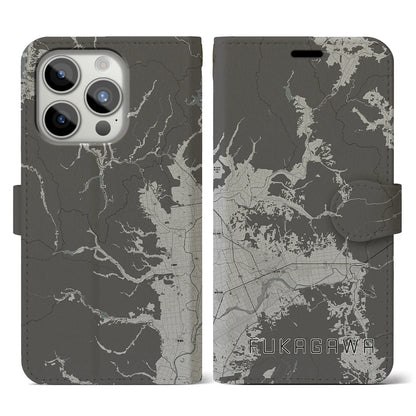 【深川（北海道）】地図柄iPhoneケース（手帳タイプ）モノトーン・iPhone 15 Pro 用