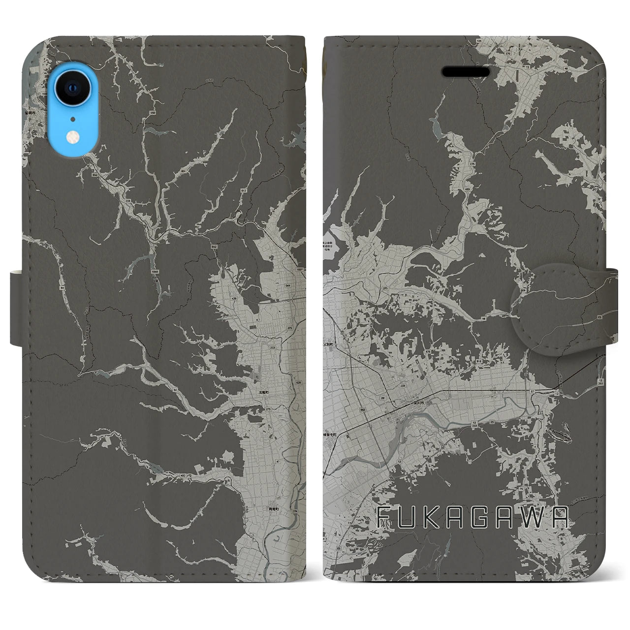【深川（北海道）】地図柄iPhoneケース（手帳両面タイプ・モノトーン）iPhone XR 用