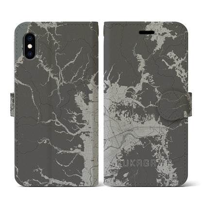 【深川（北海道）】地図柄iPhoneケース（手帳タイプ）モノトーン・iPhone XS / X 用