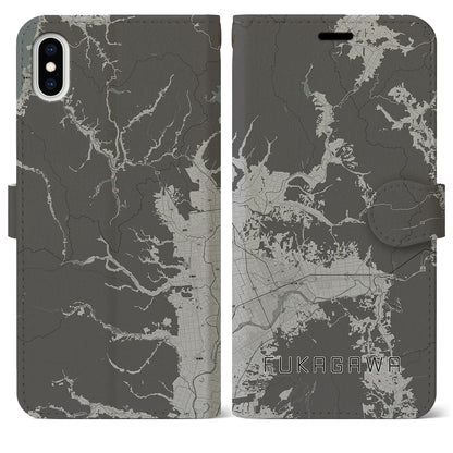 【深川（北海道）】地図柄iPhoneケース（手帳タイプ）モノトーン・iPhone XS Max 用