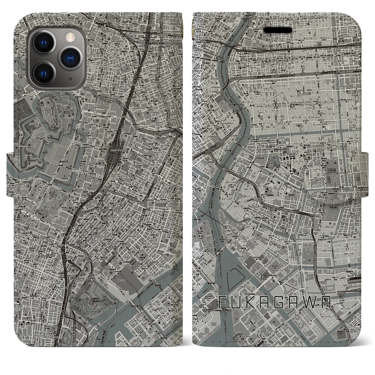 【深川2】地図柄iPhoneケース（手帳両面タイプ・モノトーン）iPhone 11 Pro Max 用