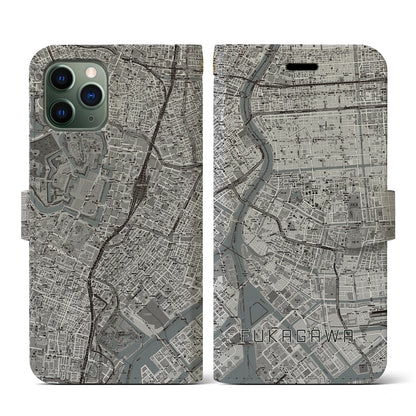 【深川2（東京都）】地図柄iPhoneケース（手帳タイプ）モノトーン・iPhone 11 Pro 用