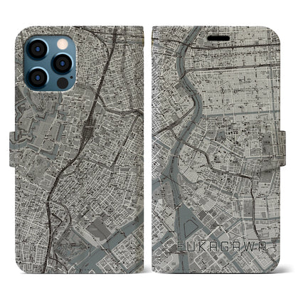 【深川2（東京都）】地図柄iPhoneケース（手帳タイプ）モノトーン・iPhone 12 / 12 Pro 用