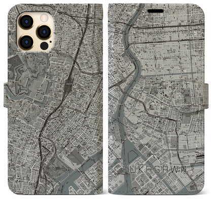 【深川2（東京都）】地図柄iPhoneケース（手帳タイプ）モノトーン・iPhone 12 Pro Max 用