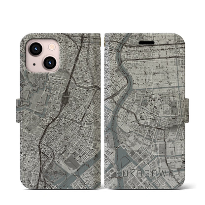 【深川2（東京都）】地図柄iPhoneケース（手帳タイプ）モノトーン・iPhone 13 mini 用