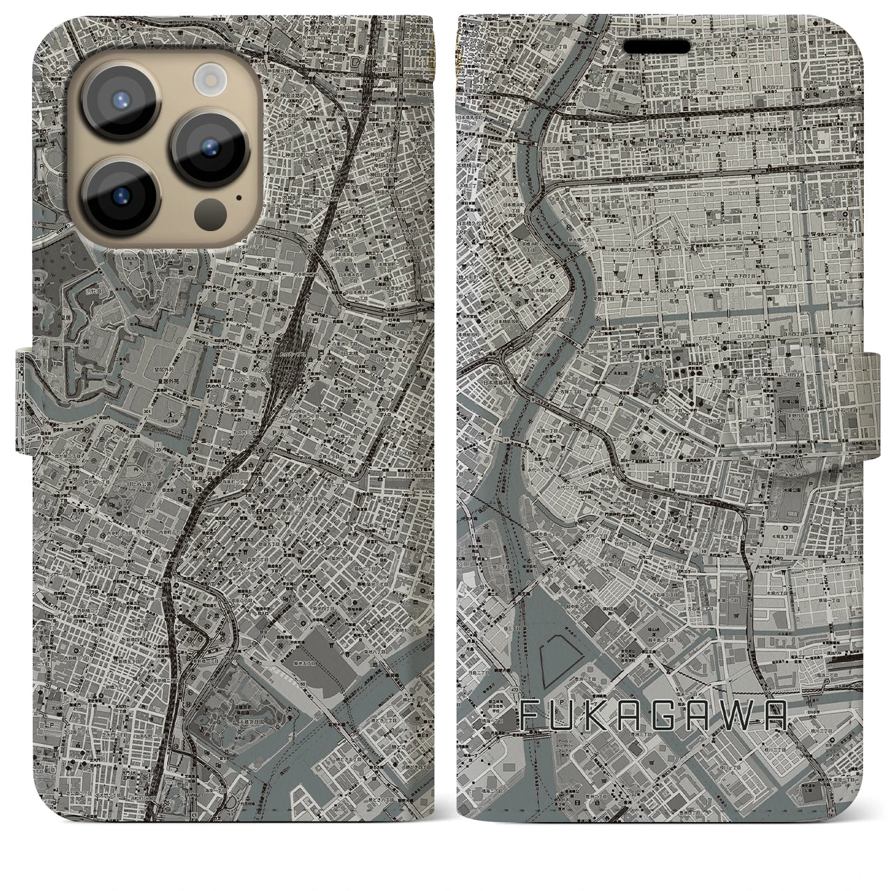【深川2】地図柄iPhoneケース（手帳両面タイプ・モノトーン）iPhone 14 Pro Max 用
