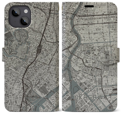 【深川2（東京都）】地図柄iPhoneケース（手帳タイプ）モノトーン・iPhone 14 Plus 用