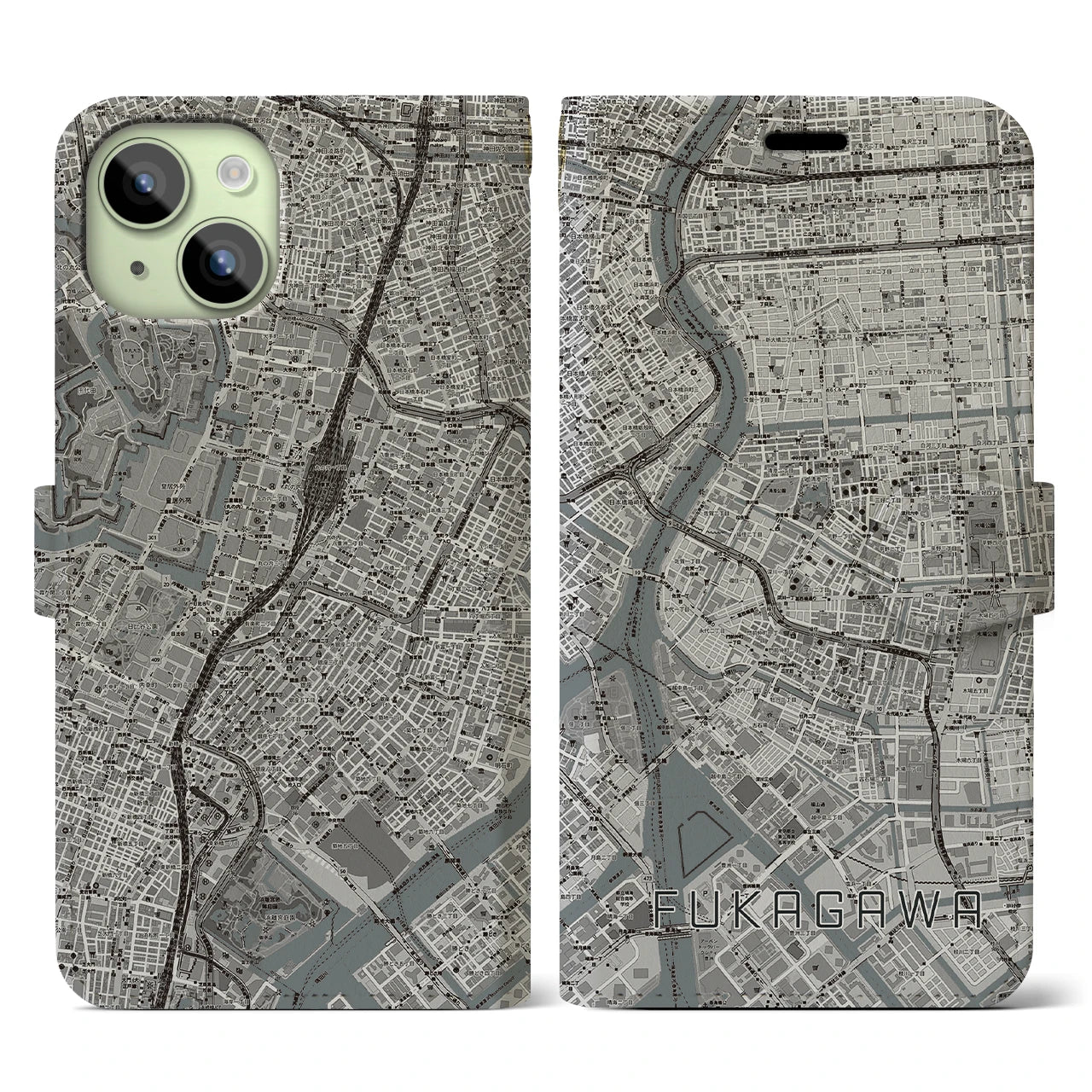 【深川2】地図柄iPhoneケース（手帳両面タイプ・モノトーン）iPhone 15 用