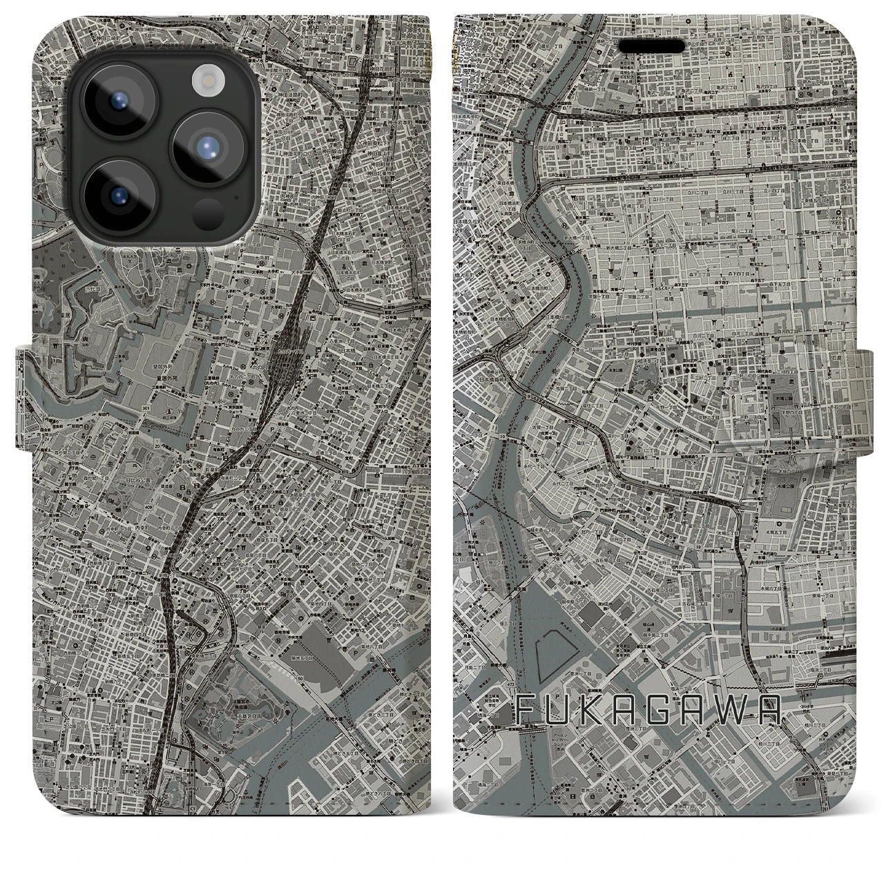 【深川2】地図柄iPhoneケース（手帳両面タイプ・モノトーン）iPhone 15 Pro Max 用