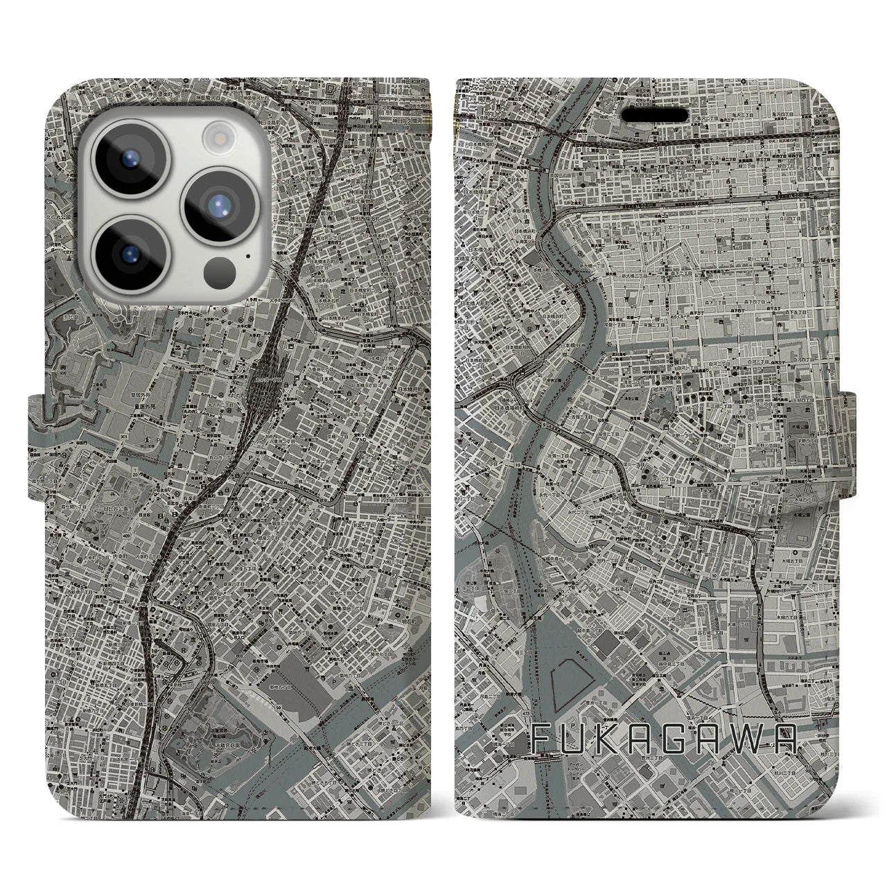 【深川2】地図柄iPhoneケース（手帳両面タイプ・モノトーン）iPhone 15 Pro 用