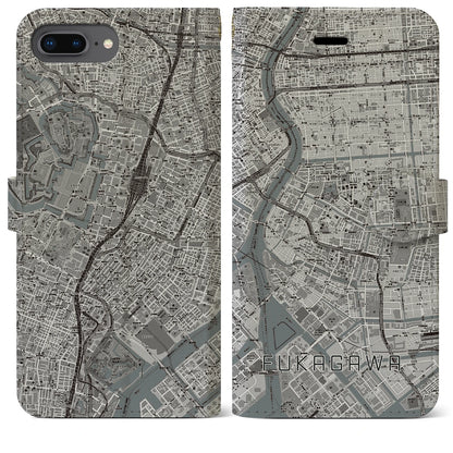 【深川2（東京都）】地図柄iPhoneケース（手帳タイプ）モノトーン・iPhone 8Plus /7Plus / 6sPlus / 6Plus 用