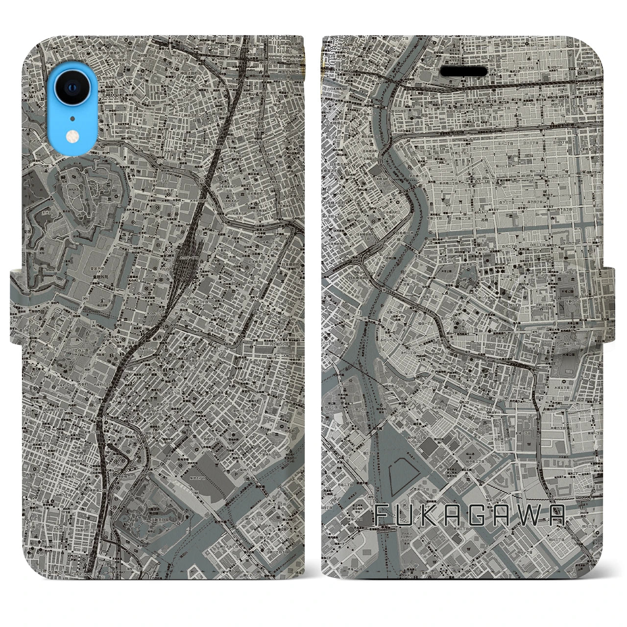 【深川2】地図柄iPhoneケース（手帳両面タイプ・モノトーン）iPhone XR 用