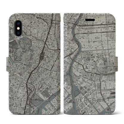 【深川2（東京都）】地図柄iPhoneケース（手帳タイプ）モノトーン・iPhone XS / X 用