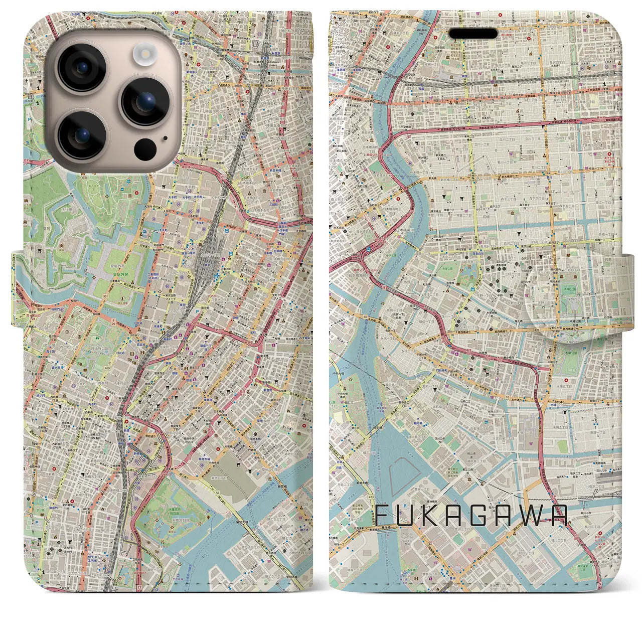 【深川2（東京都）】地図柄iPhoneケース（手帳タイプ）ナチュラル・iPhone 16 Plus 用