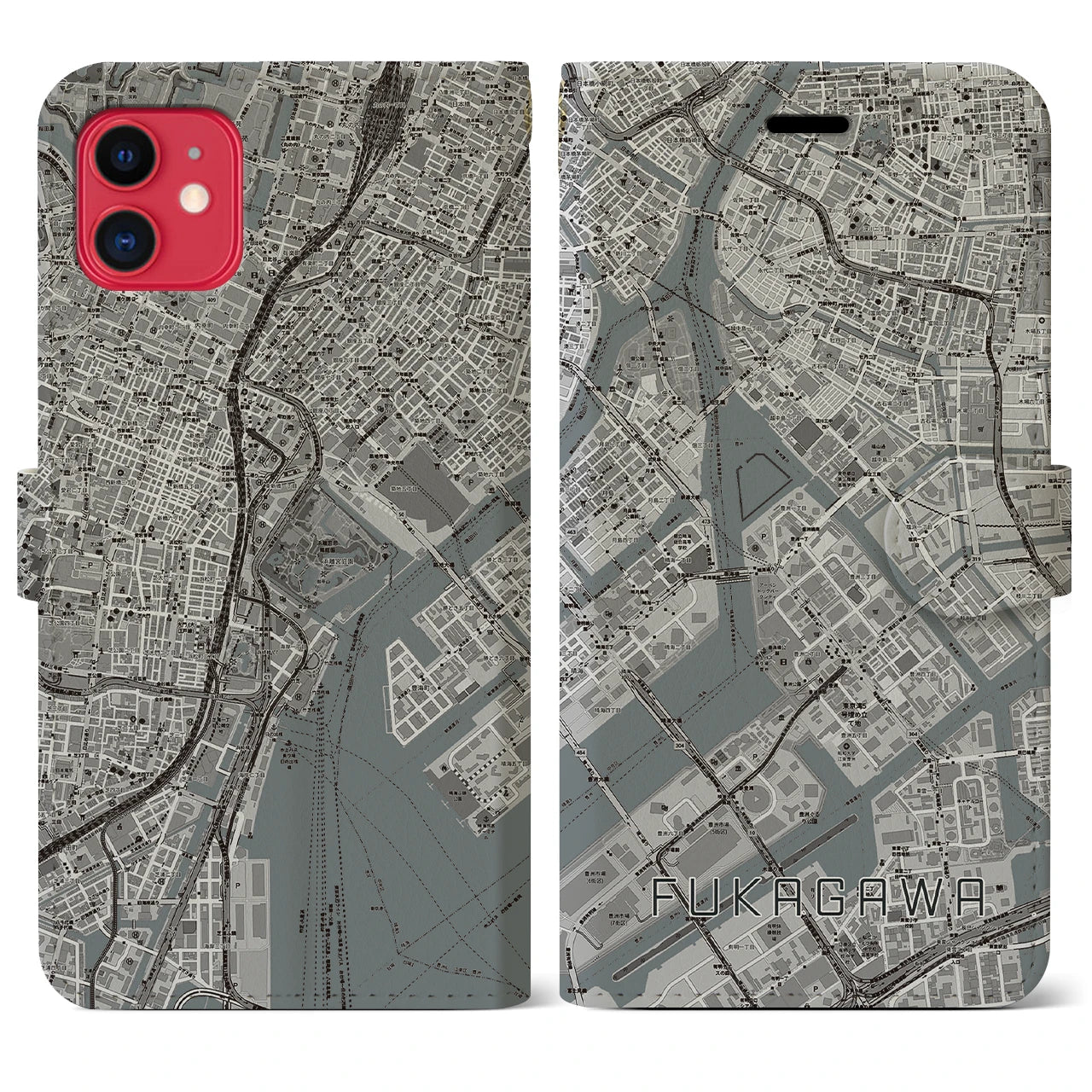 【深川】地図柄iPhoneケース（手帳両面タイプ・モノトーン）iPhone 11 用