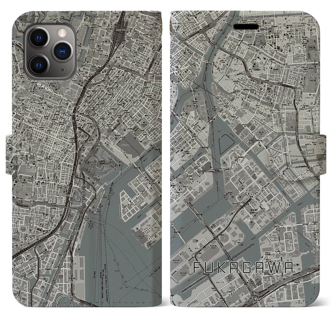 【深川】地図柄iPhoneケース（手帳両面タイプ・モノトーン）iPhone 11 Pro Max 用