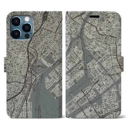 【深川（東京都）】地図柄iPhoneケース（手帳タイプ）モノトーン・iPhone 12 / 12 Pro 用